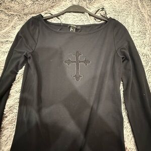 Forever 21 Black Long Sleeve Top with Cross Embroidery